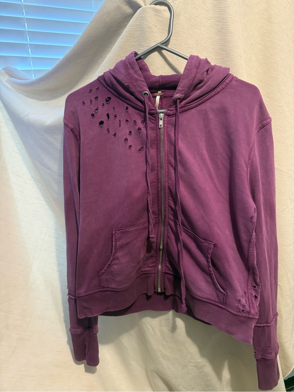 Free People Distressed Plum Zip-Up Hoodie Jacket